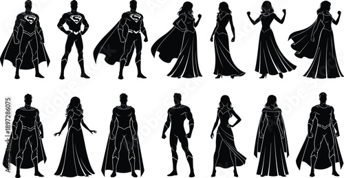 Large collection of black superhero silhouettes featuring male and female characters in capes isolated on white background, cad drawing flat vector illustration
