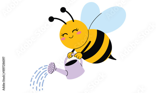 Cute cartoon bee happily watering flowers with a watering can showcasing its gardening skills and friendly nature in a delightful scene.