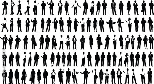 Large collection of professional business people silhouettes featuring men and women in suits standing and walking isolated on white background,