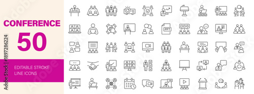Conference and Seminar icon set. Editable line icons. Vector illustration.