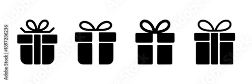 Gift present gift box with bow and ribbon silhouette in bold black flat design for celebration, holiday, festive decoration, scrapbooking, greeting card, minimalistic style, vector icon