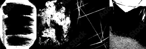 Cracks and paint splatters abstract texture with distressed, grunge style in black and white, featuring irregular patterns, rough edges, and dynamic surface details for graphic design backgrounds