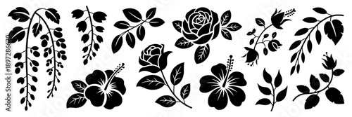 Flowers botanical pattern with roses and hibiscus in black silhouette style, decorative floral design for borders, greeting cards, quilting, textile prints, vector clipart for crafts.