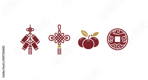 Red Chinese New Year symbols and peaches vector illustration on transparent background 2s.eps file