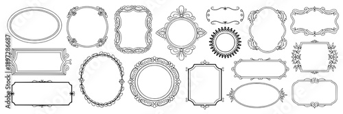 Frames decorative line art collection with ornate, vintage, baroque, Victorian, floral, scrollwork, filigree, round, square, rectangular, oval shapes, black outlines, intricate details, elegant, styli