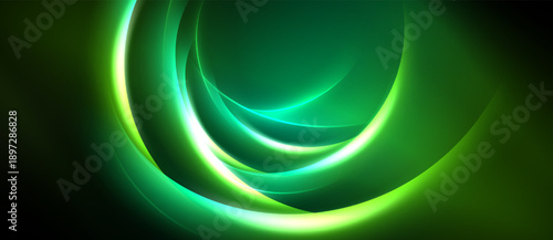 Abstract green neon layers create swirling, luminous shapes against dark background. Smooth gradients suggest movement, energy.