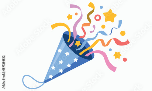 Colorful party popper exploding with confetti and stars in celebration of a special occasion or festive event with vibrant ribbons and shapes.