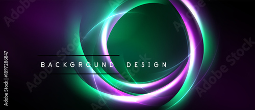 Abstract neon circles overlap dark background. Vibrant purple, green hues create dynamic visual effect. Modern design element.