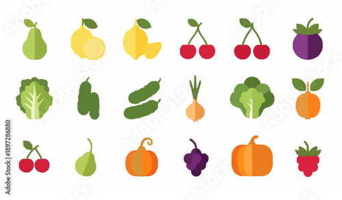 Flat fruits and vegetables vector collection with modern healthy food icons for branding and packaging