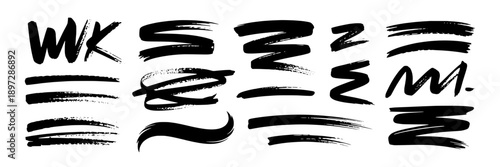 Brush stroke styles collection with dynamic black lines and textured strokes illustrating varied calligraphy and artistic techniques for design, branding, and creative projects