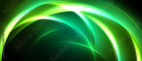 Abstract green light curves radiate from center. Smooth gradients create dynamic, flowing visual effect. Dark background emphasizes luminosity.