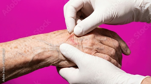 Close up of doctor checking dehydration on elderly arm isolated on pink background