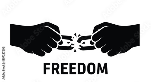 Hands breaking a chain link symbolizing freedom with the word freedom below