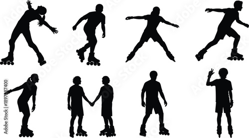 Black silhouette collection of inline roller skaters performing dynamic poses isolated on white background for sport and recreation design