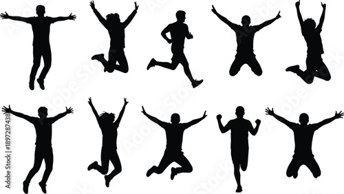 Black silhouettes of people jumping in joyful dynamic poses expressing happiness success energy and freedom isolated on white background