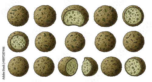 Hand drawn falafel set, middle eastern chickpea balls illustration, traditional vegetarian food icons, fried appetizers snacks isolated on white background