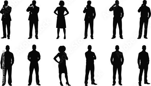 Business people silhouette collection showing professional men and women standing and talking poses representing corporate teamwork leadership and communication isolated on white background