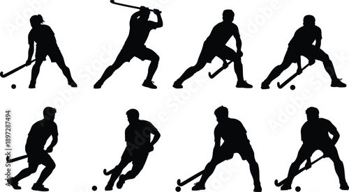 Field hockey player silhouette collection showing dynamic action poses with stick and ball isolated on white background for sports design
