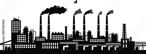 Industrial factory skyline silhouette with smoking chimneys illustrating pollution, manufacturing infrastructure, urban industry, and environmental impact concept artwork design