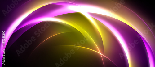 Abstract design features vibrant curves, glowing lines. Purple, gold, white hues create dynamic visual impact. Smooth gradients dominate composition.