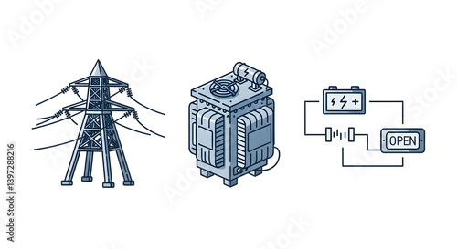 Wallpaper Mural Set of electrical power icons, includes transformer, transmission tower, and electrical circuit diagram Torontodigital.ca