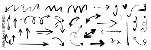 Arrows set with black sketchy lines and varied styles, depicting directional symbols and motion indicators in a hand-drawn, dynamic, casual appearance, suitable for diagrams, sketches, and design conc