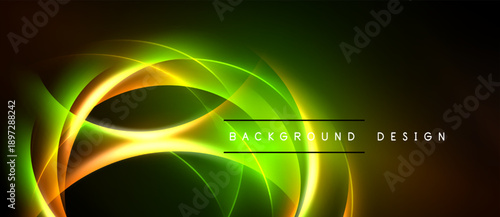 Abstract neon curves create vibrant green, yellow, orange glow. Dark background emphasizes luminous design elements. Modern, dynamic composition.