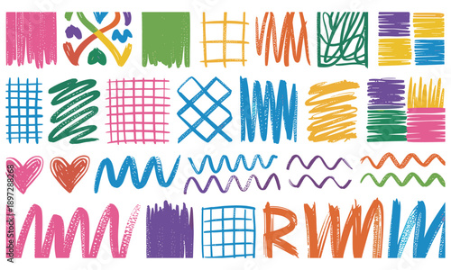 Colorful hand drawn digital brush stroke elements in various shapes and textures perfect for creative graphic design projects and artistic enhancements.