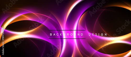 Abstract design features vibrant purple, orange lines. Dynamic curves create flowing, energetic visual effect. Dark background emphasizes luminosity.