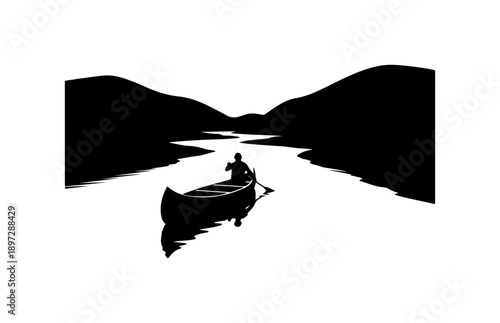 Vector silhouette of a person canoeing on a serene lake at sunset