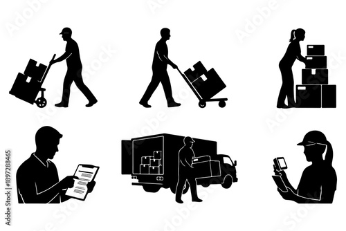 Logistics and delivery workers handling packages and inventory for efficient shipping Vector