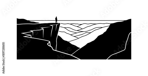 Black Silhouette of Mountain Landscape with Contour Lines and Flag