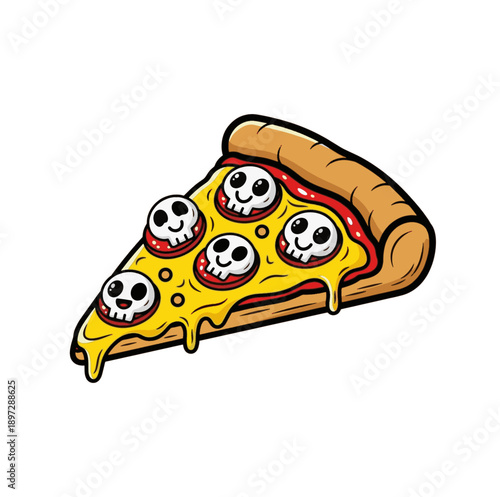 Cartoon pizza slice with skull toppings on white background