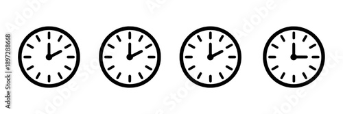 Clocks round analog timepieces with black outlines and white faces showing different times, minimalist style, suitable for time management, scheduling, or design elements in graphics or interfaces.