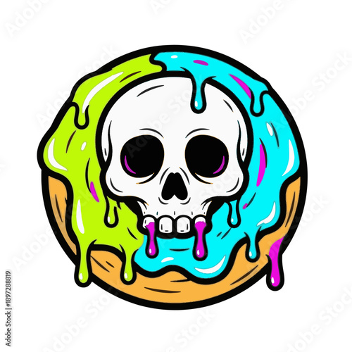 Colorful skull design with melting vibrant paint effect