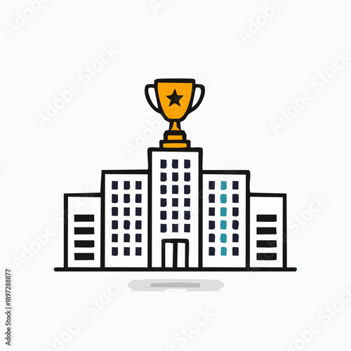 ビル屋上のトロフィーで企業受賞と成功を表すベクターアイコン