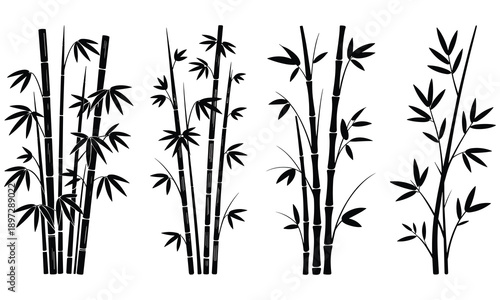 Collection of bamboo plants in various styles and sizes presented in a minimalist black silhouette design against a clean white background to provide flexibility for diverse creative projects.
