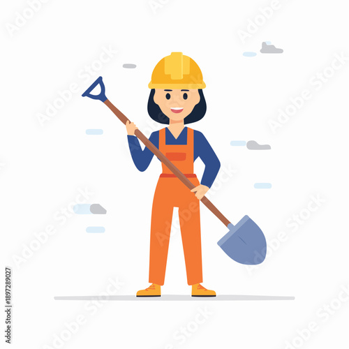 スコップを持つ建設現場作業員のフラットイラストアイコン