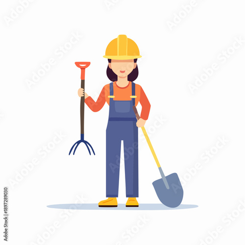 スコップを持つ建設現場作業員のフラットイラストアイコン