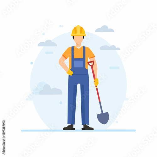 スコップを持つ建設現場作業員のフラットイラストアイコン