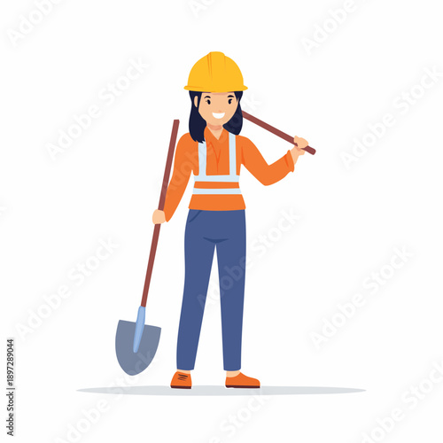 スコップを持つ建設現場作業員のフラットイラストアイコン