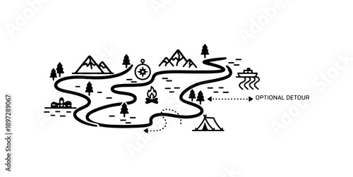 Black and White Mountain Hiking Trail Map with Optional Detour