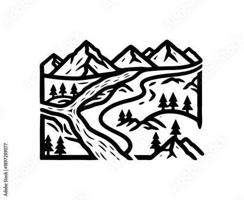 Black Silhouette Mountain Hiking Trail Illustration