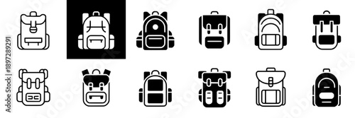Backpacks minimal outline set with black and white line art, functional, lightweight, school, travel, outdoor use, modern design, vector style, simple and clean icons for apps or websites
