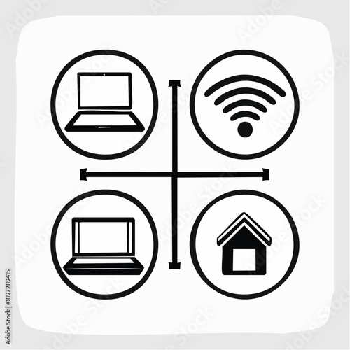 生活シーンを表すアイコンセット（家・WiFi・コーヒー・PC）