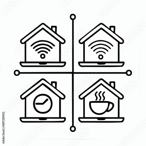 生活シーンを表すアイコンセット（家・WiFi・コーヒー・PC）