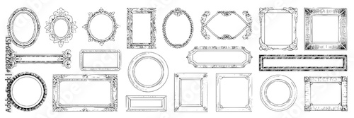 Frames picture collage with ornate, vintage, rectangular, circular, and geometric styles, monochrome, detailed, decorative borders, versatile design elements for photos, art, and display