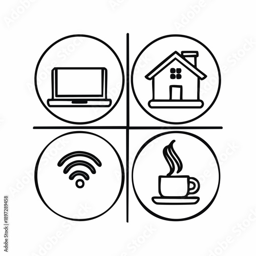 生活シーンを表すアイコンセット（家・WiFi・コーヒー・PC）