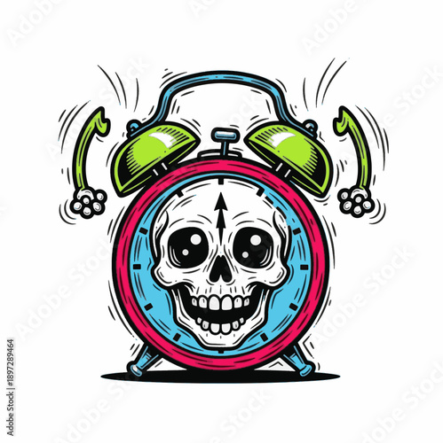 Colorful vintage alarm clock with skull illustration