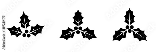Holly leaves and berries decorative motif with symmetrical sharp-edged shapes and cluster patterns, monochrome black silhouette, festive holiday design for seasonal graphics or wrapping paper